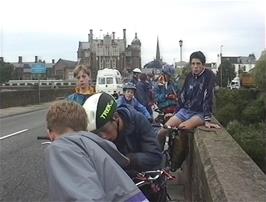 The group on Wye Bridge, Monmouth, with Monmouth School in the background